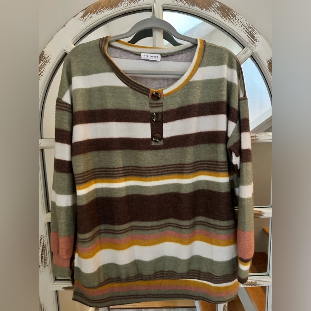 First ❤️ Love women’s size M fleece stripped top NWOT